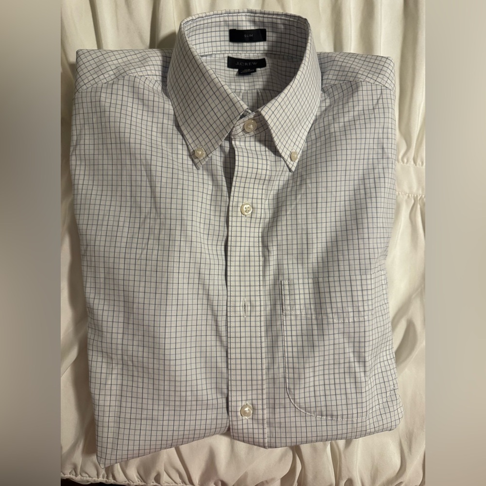 EUC!! J. Crew Men's Blue and White Grid Dress Shirt